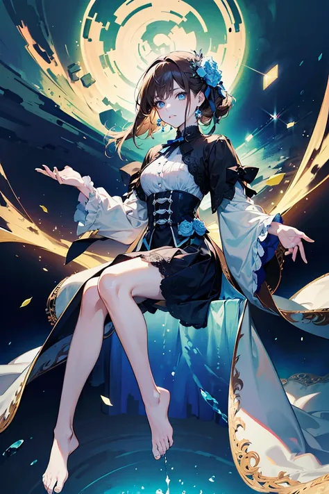 Full-body view, magazine cover-style shot, 8K resolution, high detail, around 20 years old, (one female), medium-length hair, brown hair, light blue eyes, lolita-style outfit, translucent fabric accents, light blue gemstone embellishments, ((UHD, masterpie...