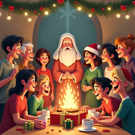 Friends men and women in cartoons reunited celebrating Christmas with God
