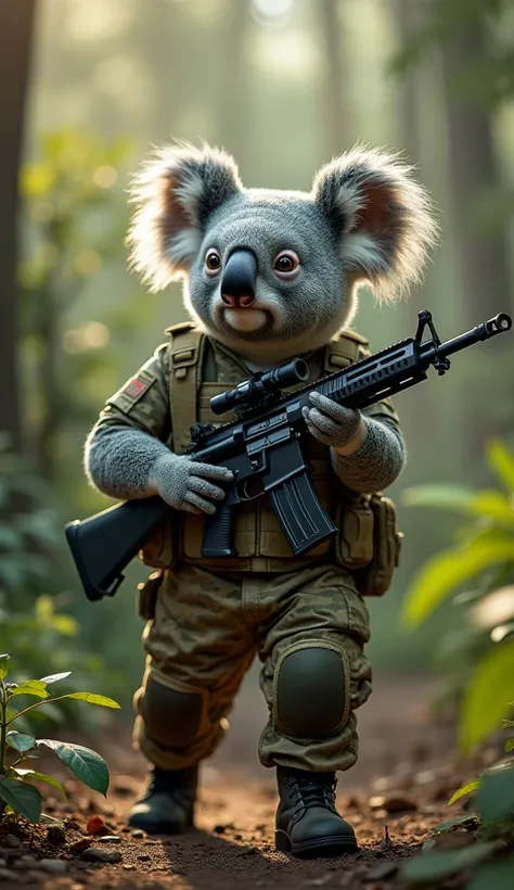 Koala dressed in army clothes and armed shooting , realistic photo , ultra detailed 