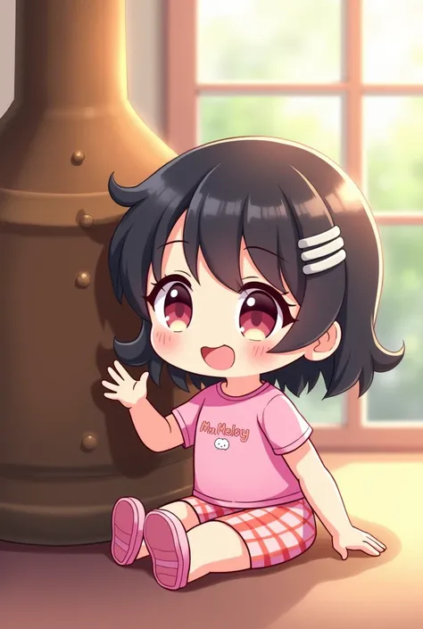 A cute chibi-style girl, wearing a pink shirt with "My Melody" on its, and pink checkered shorts, with black hair tied to one side using a decorative clip, expressive round face with a cheerful and playful smile, sitting next to a large antique object. She...