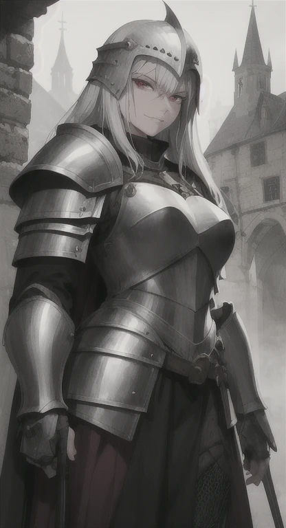 Layla, white hair, red eyes, pale skin, helmet, knight, smirking at viewer, glaring, heavy armor, foggy medieval town,