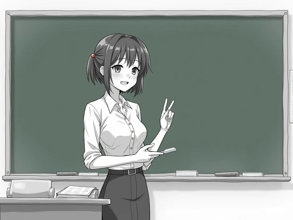 A female teacher is standing in front of the blackboard and talking . Standing at the right end of the board and presenting. The female teacher is an adult woman and has big breasts .  There is nothing in the picture other than the teacher and the blackboa...