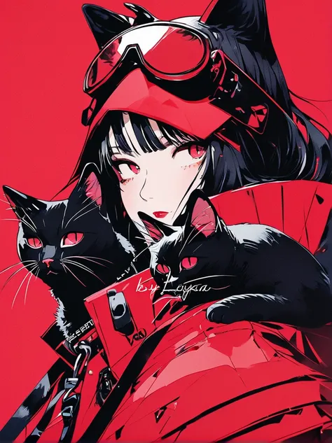 Anime girl with black cat on red background ,  Portrait of a goth girl in the shape of a cat, Catwoman, ilustración  anime style, anime style 4k, retrato de  anime style,  Ilya Kuvshinov Sti . 4k, Catwoman,  Artem and Ilya Kuvshinov , Emo girl and her  , b...