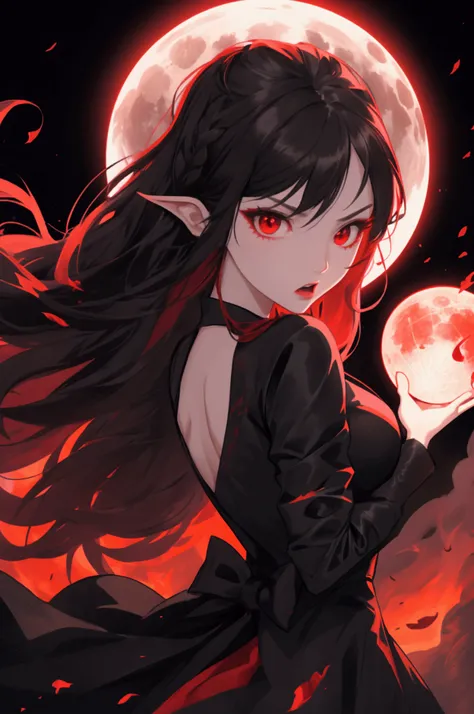 1 girl, with long black red highlights hair, red eyes, angry facial expression, with vampire dress, with full moon in her back, holding huge ball of fire, with fire around her body