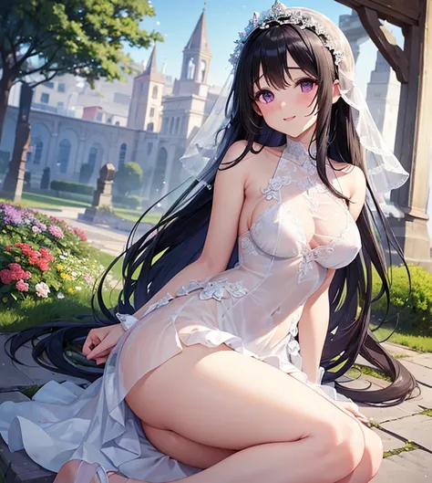 NSFW, (Wonderful and exquisite Chitanda Eru),  purple eyes, Long black hair,  natural straight hair,  straight slutty , bridal gown veil , Alone, Very delicate, Straight face,  incomparably beautiful girl with excellent estimates,  soft, (Functional), (Nau...