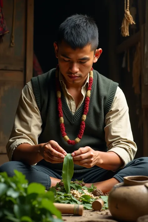 A young man making a bolus with the traditional coca leaf 