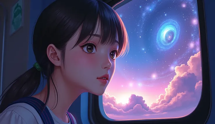 a fantasy anime train traveling through space and time, a young girls face peeking out of the window, fractal art, detailed girl, beautiful detailed eyes, beautiful detailed lips, extremely detailed face and eyes, long eyelashes, beautiful scenery outside ...