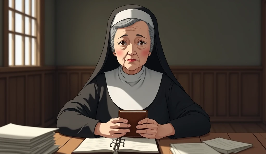  The human Sister Sasagawa nun ,  a 60-year-old Japanese woman with gray hair ,  she has an oval face with striking and absolutely realistic features .  The fine wrinkles on her forehead and around her eyes are visible in soft light ,  while her slightly c...