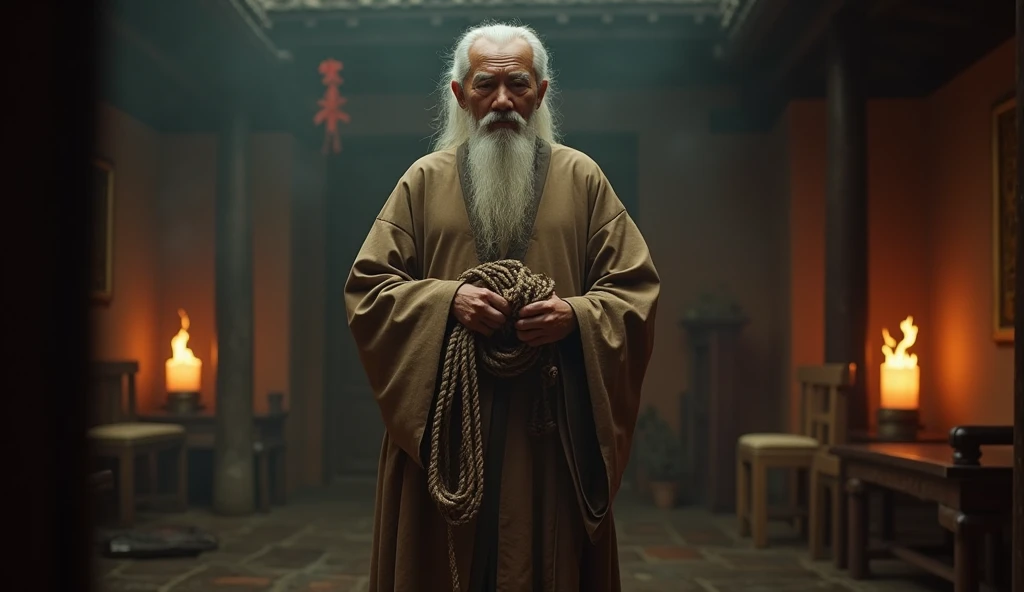 "A wise old man, Thầy Tích, wearing a traditional Chinese robe in earthy brown tones with subtle patterns, standing in a dimly lit room. The flickering light of a fire casts dramatic shadows on his lined face and sharp eyes. He holds an ancient rope, its t...