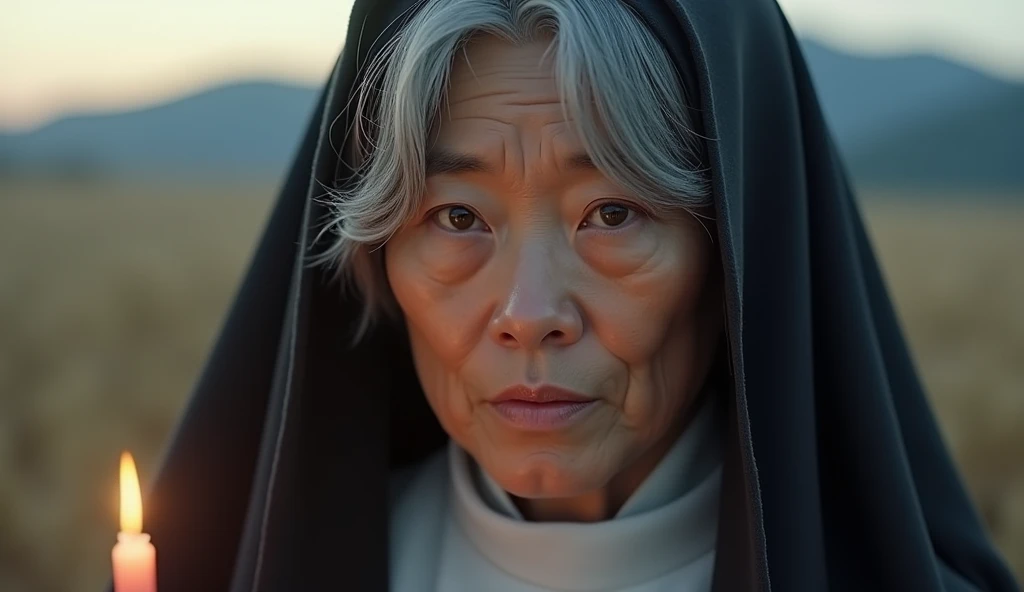  The human Sister Sasagawa nun ,  a 60-year-old Japanese woman with gray hair , She has a detailed and ultra-realistic expression .  Her almond-shaped eyes reflect light in a subtle way ,  and the natural shine on her skin shows details such as small pores...