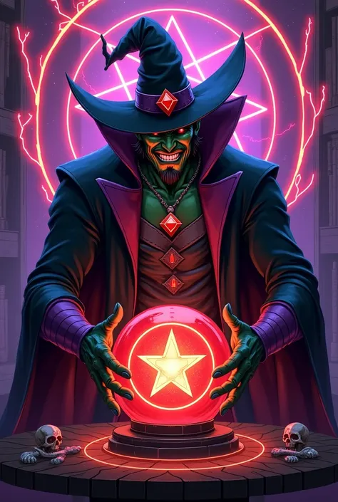 2d marvel comic artstyle, dr strange as a wicked wizard, evil laugh or smile, thick crooked eyebrows, green skinned, red eyes, tall, american, handsome, gigantic muscles, black dr strange stubble, short black neat dr strange hair, wearing tall black crooke...