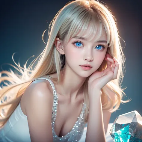  portrait、very white high school girl、Young, white, shiny skin 、Best Looks、Blonde Reflected Light 、 Platinum Blonde Hair with Dazzling Highlights 、Shiny bright hair、super long silky super long straight hair、Shiny, beautiful bangs、Shining, crystal clear, at...