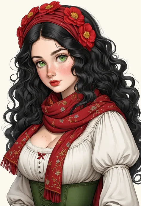 year 1830 .  Isabella is a beautiful and buxom young peasant with a narrow waist ,  wide waist,  big ass,  big breasts ,  fair skin with freckles ,  long wavy black hair and her green eyes framed long with eyelashes.  Her nose is rather small ,  especially...