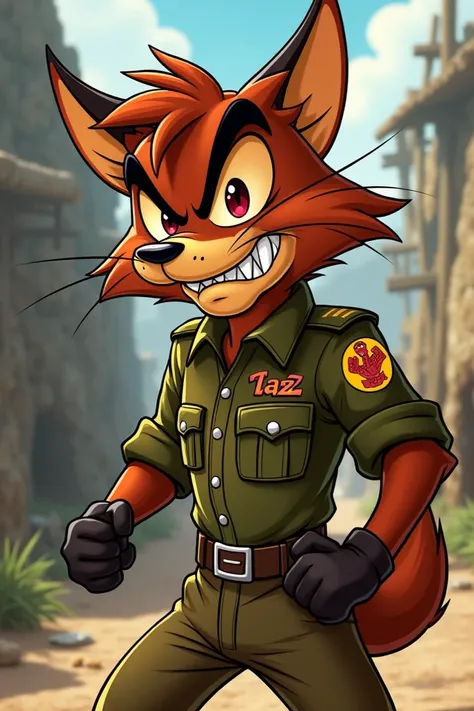  A Tasmanian demon wearing a military uniform in a cartoon,  clan in the uniform with the name  " taZz ", and also of the  "4en "