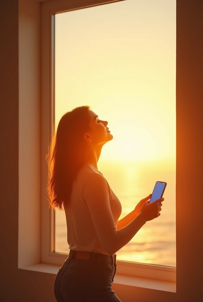  create an image:  in a room illuminated by the sun, with the woman at the window looking at the horizon with a blue cell ,  laminated by the sun and her with her arms raised as if she were receiving all the good energy