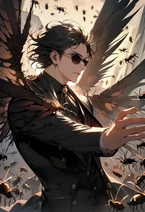 Boy with black hair and sunglasses with fly wings and elegant black clothes with an army of flies around