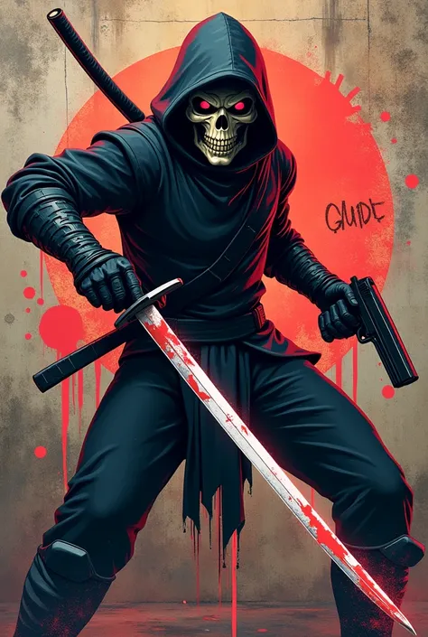 Create a Creepy skull ninja holding gun and sword. 3D emblem, with grafity style, full colour.