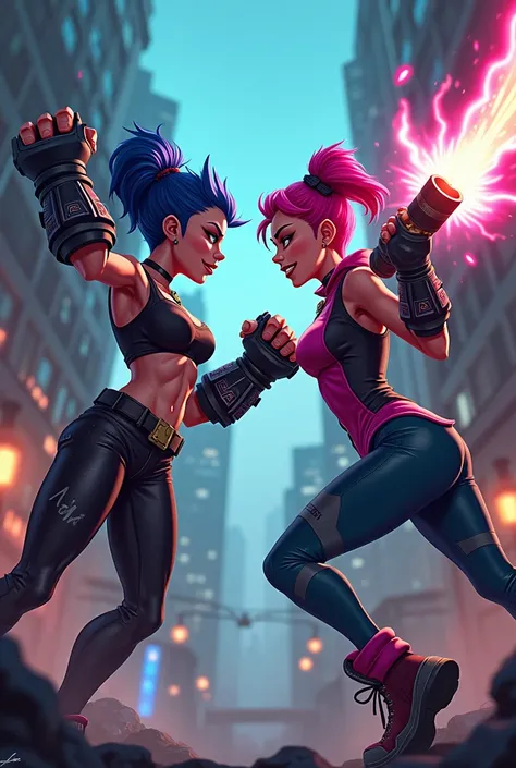 Create an image of the arcane series with Vi and Jinx