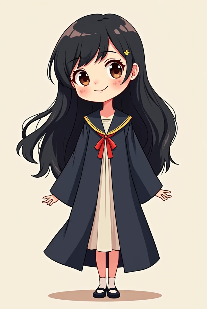 Create a cartoon of a white-skinned girl with black hair, collar and graduation outfit 