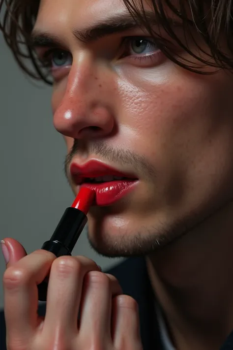 Man painting his lips red 
