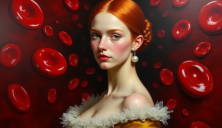 Girl with a Pearl Earring - Johannes Vermeer, upper body, redhead, large breast. background full of 
red blood cells