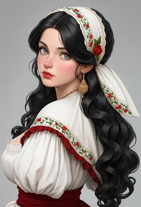 woman with long black hair in a white dress and a red belt, 4K HD. snow-white hair, in the artistic style of Boweter,  beautiful digital illustration ,  Beautiful character painting , Portrait of Snow White,  stunning digital illustration ,  by Alexander F...