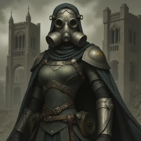 A dark fantasy digital painting features a mysterious feminine figure wearing a wwi era gas mask and wwi era armor which is decorated in ornate anachronistic religious filigree and iconography as though she was a living saint of war with her cloak billowin...