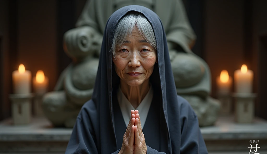  The human Sister Sasagawa nun ,  a 60-year-old Japanese woman with gray hair ,  has a face that expresses calm and dedication ,  with subtle lines around her eyes and mouth that reveal her age with realism.  The veil that covers her head reveals the roots...