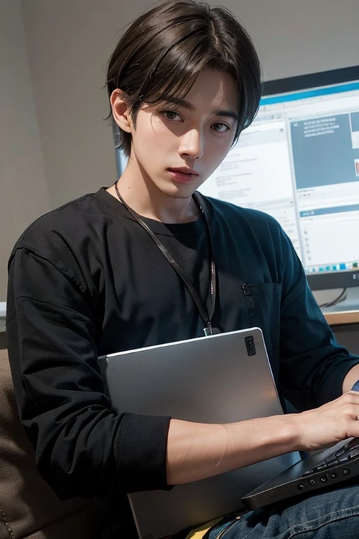 a male computer operator lying on the sofa watching a Korean drama