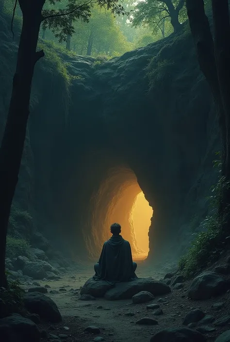 "A mystical cave entrance surrounded by a dense, shadowy forest. The cave has a faint, dull golden light softly emanating from within, symbolizing hidden treasures. In the foreground, a wise philosopher sits cross-legged on a rock, wearing ancient robes an...