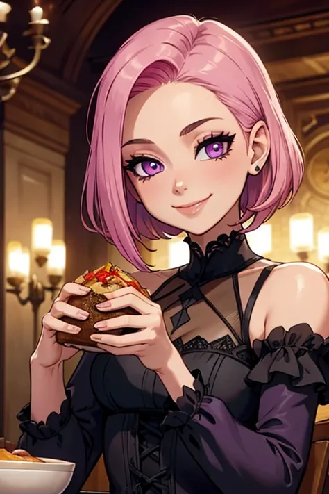 Perfect face. Perfect hands. A petite pink haired woman with violet eyes with short hair in a Gothic gown is smiling while eating dinner  in a Gothic ballroom