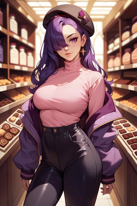 1girl, Long Hair,purple hair,pink shirt, dark purple jacket, dark purple pants,hair over eye,Beret, at chocolate factory,