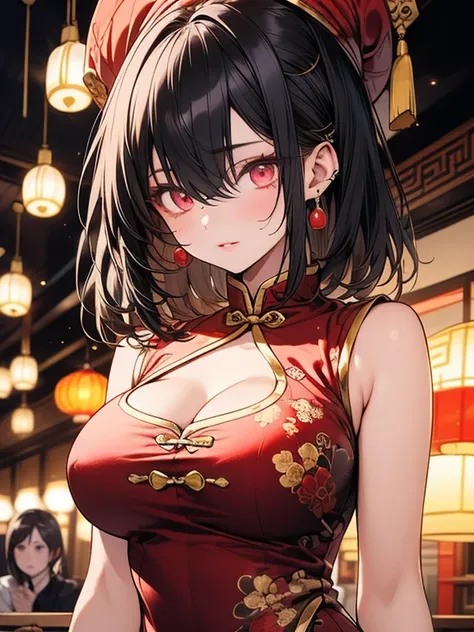 masterpiece, Precise, High Quality, best quality, ultra-detailed 16k, detailed eyes, 1 girl, 28yo, medium hair, black hair, hair is between eyes, (large breasts, sagging breasts:1.2), pink eyes, oval eyes, round eyes, kind eyes, detailed lip, china clothes...