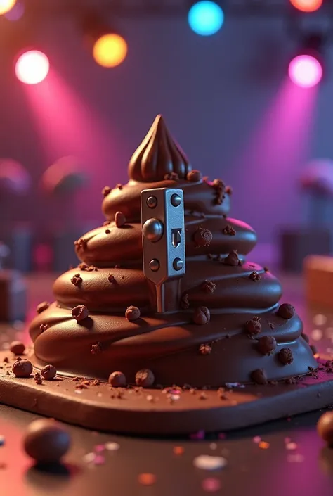 A pile of chocolate with a metal door lotch and a handle stuck in it. In the background 1970s music stage with stage lights. Everything is a vinyl cover