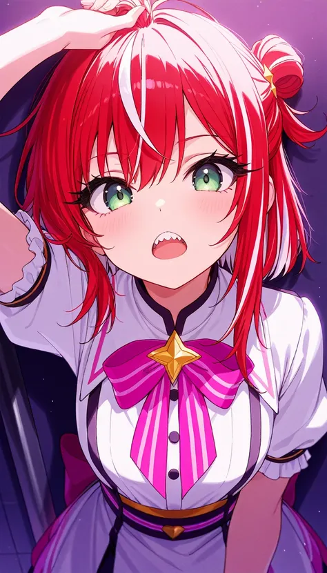 beautiful anime girl, long red and white striped hair, pinned hair, green eyes, holding small celestial stars ((🤏)), masterpiece, ultra detailed, looking at viewer, long eyelashes, pointed teeth, idol