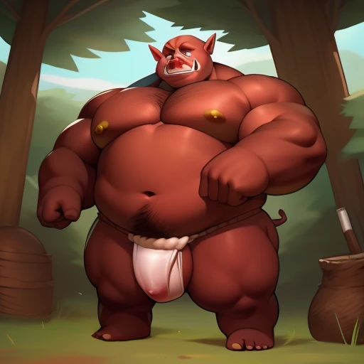 Pig man  , red skin, NSFW,  in fundoshi ,  sexy skin , Orc, fat,  gold nipples  , wolf,  random place  