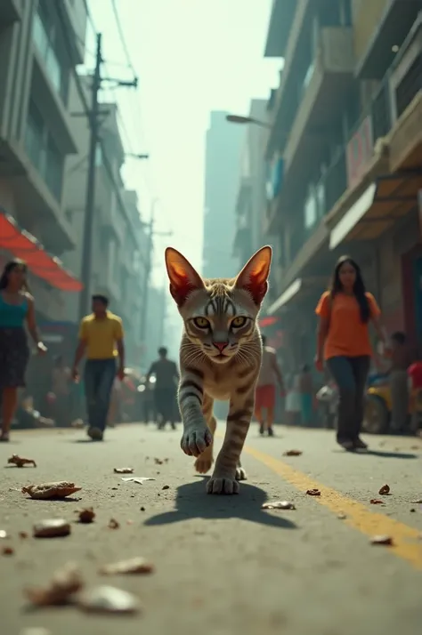 A cinematic, hyperrealistic video depicting a unique, cat-like creature with skinny, hairless skin, roaming through a bustling Indian street in the year 2024. The creature, as small as a dog, moves menacingly, exuding danger and horror. The scene is presen...