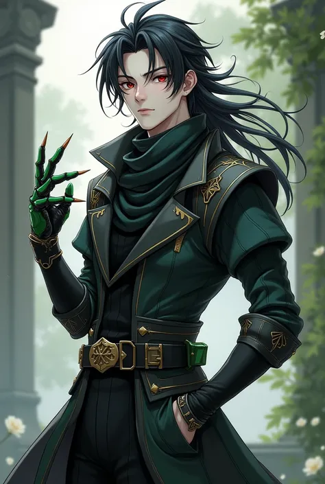  Handsome young man .dragon race . red eyes and black pupils .  smooth white skin.black hair. fantasy style clothing ,  ash asymmetrical thick jacket ,  thick scarf high collar , striped sleeves ,  and long skirt .  black fitted leggings and thick waist be...