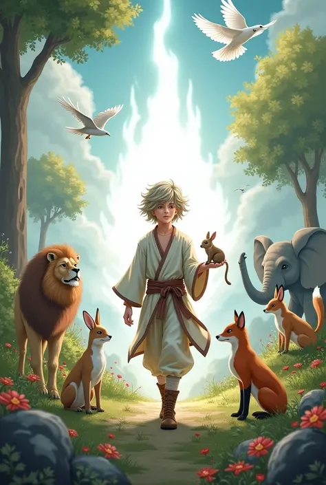 Mixed-haired warrior dressed as a young adolescent apprentice , rodeado de un aura blanca and todo tipo de animales aguila  ,  roam in the sky , and (A dove) , deer rabbits  , Elephant, leon , zorro , mono, todos a su al rededor mientras él camina con una ...