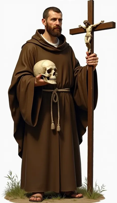 realistic illustrative image of of Saint Leonard of Port Mauritius, a Franciscan Monk with beardless Franciscan hair, wearing a brown tunic, holding a cross with Jesus in one hand and a skull in the other