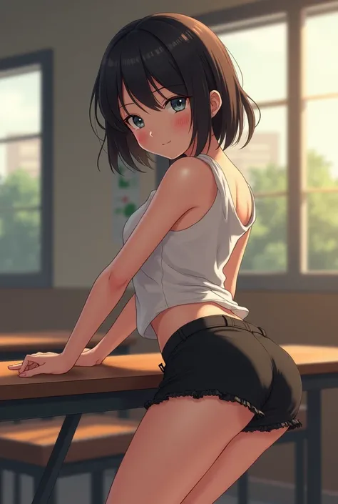 Short Asian girl in short black shorts leaning on a table facing forward at a school making her ass look beautiful