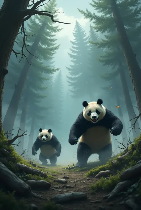 strong wind in the forest with two panda the wind is blowing sna at may strong storm