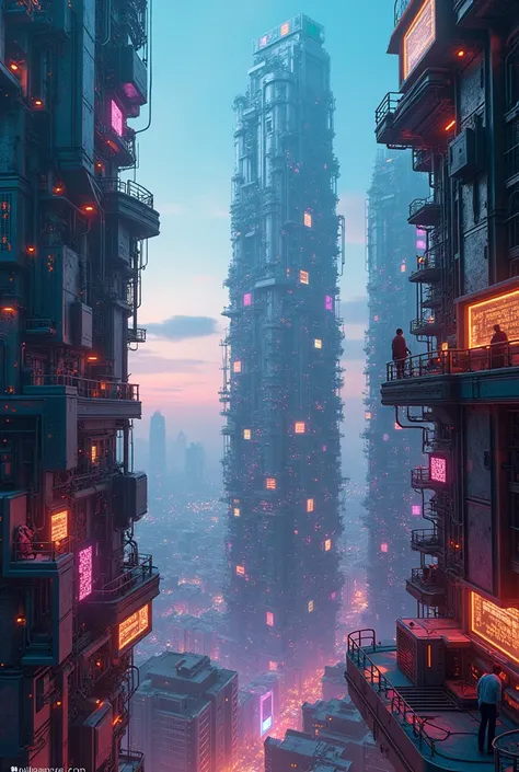 Retrofuturistic digital city building itself and programming itself with a cyberpunk retrowave aesthetic 