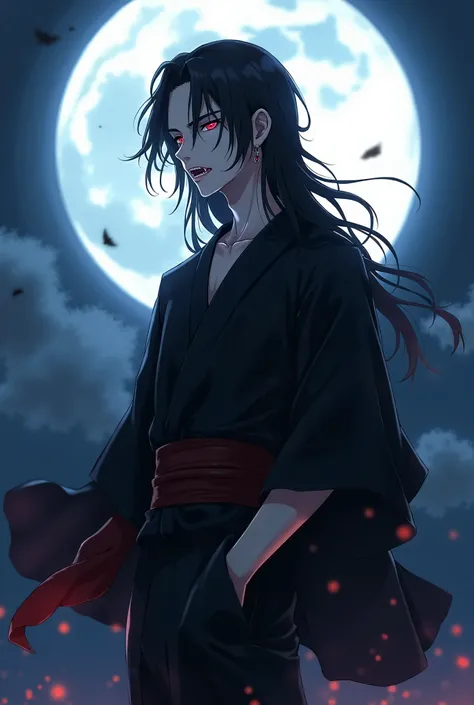 Anime style, full body, young adult man wearing black yukata, long black hair, red eyes, vampire teeth, full moon background