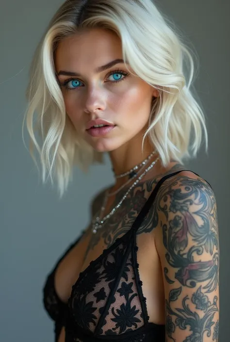 Create a hyper detailed photograph of a hrgiger tattooed young sexy women, Stunningly perfect gorgeous face, perfect makeup, detailed vibrant neon sapphire eyes, platinum blonde dutch hair, detailed beautiful legs, detailed beautiful arms, detailed smooth ...