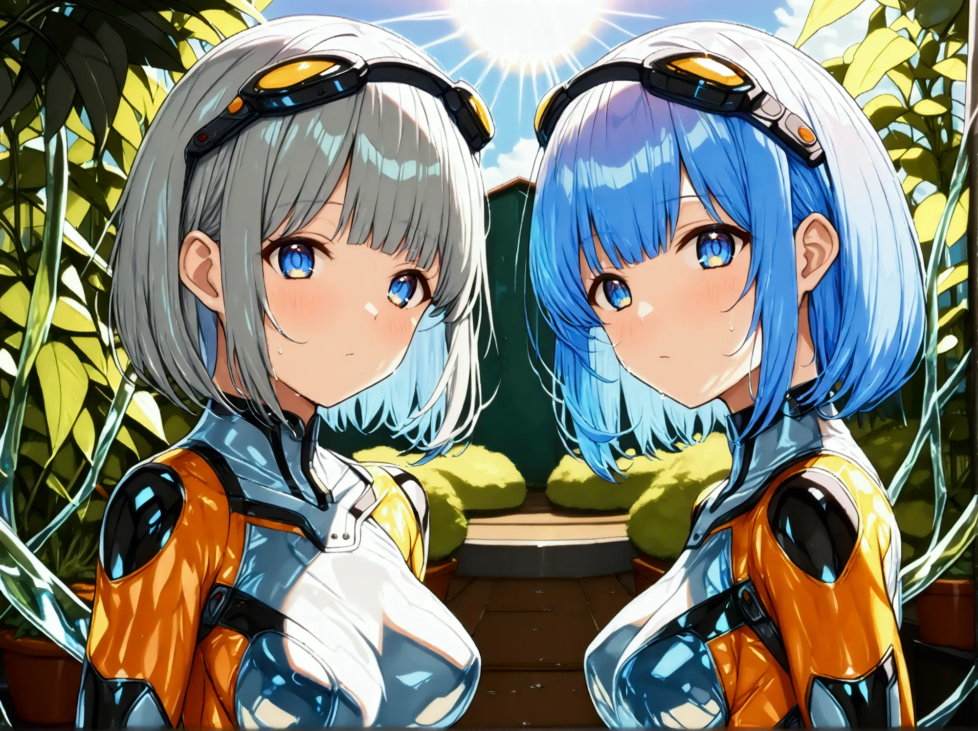 (2 girls),(最High image quality, 8k, masterpiece:1.3), (24 years old:1.5), (Grey Hair), ( bob cut), (Oblique sky blue eyes), ((full-body rubber suit、blue、yellow line、no zipper 、Rubber Suit、Gloss、reflection、Perfect fit、Full body shot、garden、sun、sunlight)), (...