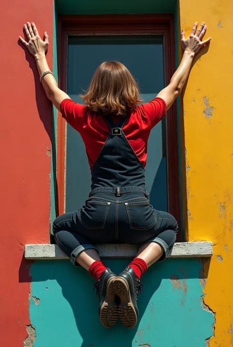 Femme 50 ans , habillée dune salopette noire avec chemise rouge, accrochée par les mains au rebord  du bas dune fenêtre, visage collée à la  facade  colorée dun immeuble, les deux bras tendus  raides vers le haut, jambes pliées en arrière au niveau des gen...