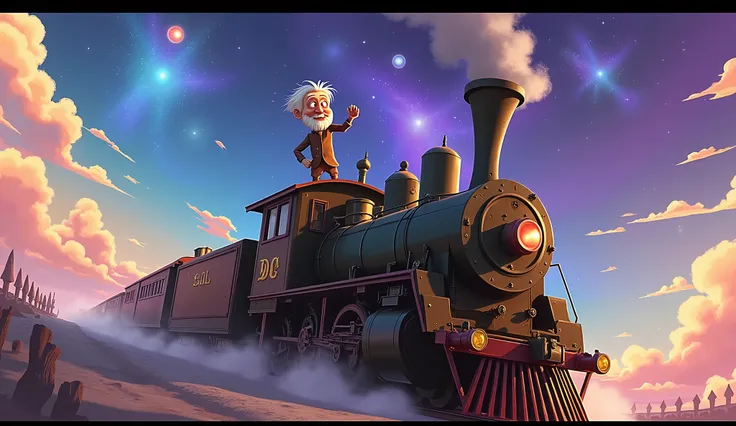 a quirky old man riding on the roof of a timeless train, fantasy, anime, space, fractal art, highly detailed, 8k, cinematic, dramatic lighting, vibrant colors, intricate details, masterpiece