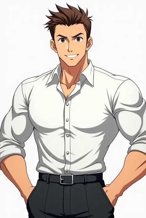 in anime. a man with brown hair, with dark brown eyes,  wearing a white shirt , being able to see her muscles , along with black pants ,  she had a confident smile and pride.