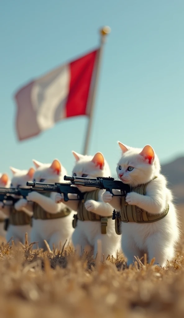  The video features a row of totally white kittens , all standing and in formation ,  playing greet with the flag as a sign of respect .  Each kitten is heavily armed , with army uniforms that match the color of their fur . The camera films from the side ,...